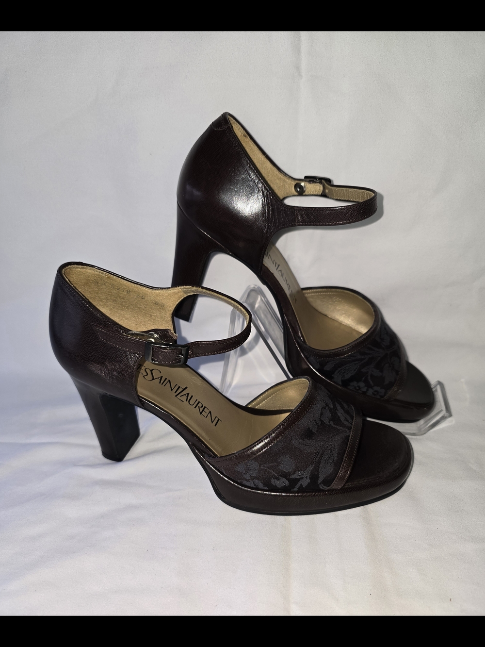 Saint Laurent Brown Leather & Jacquard Mary Jane Block Heels Size 35 - Picture 2 of 12